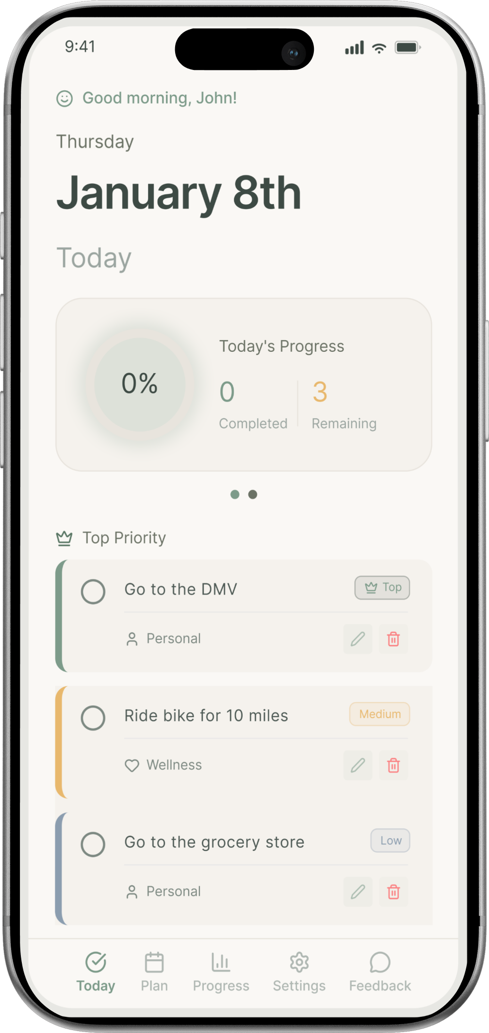 Domani Today screen showing Thursday, January 8, a daily progress summary, a top-priority task, and three planned tasks with category and priority labels.